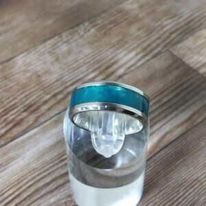 New Size 7, Silver Stainless Steel 8 MM Band Unisex Ring -Teal Green